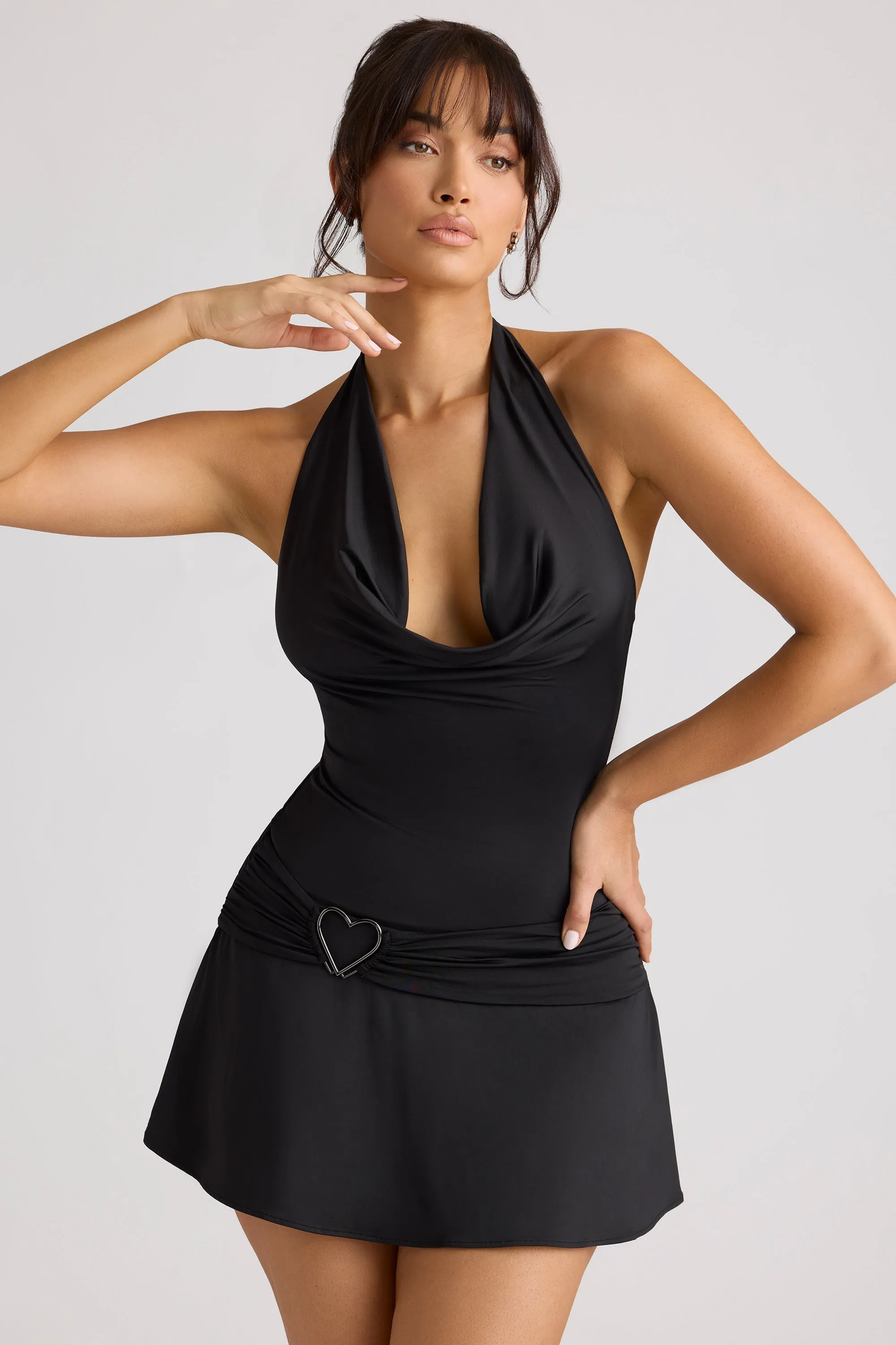 Sheer Panel Insertion Heat Glow Heart Detail Cowl Neck Mini Dress in Black