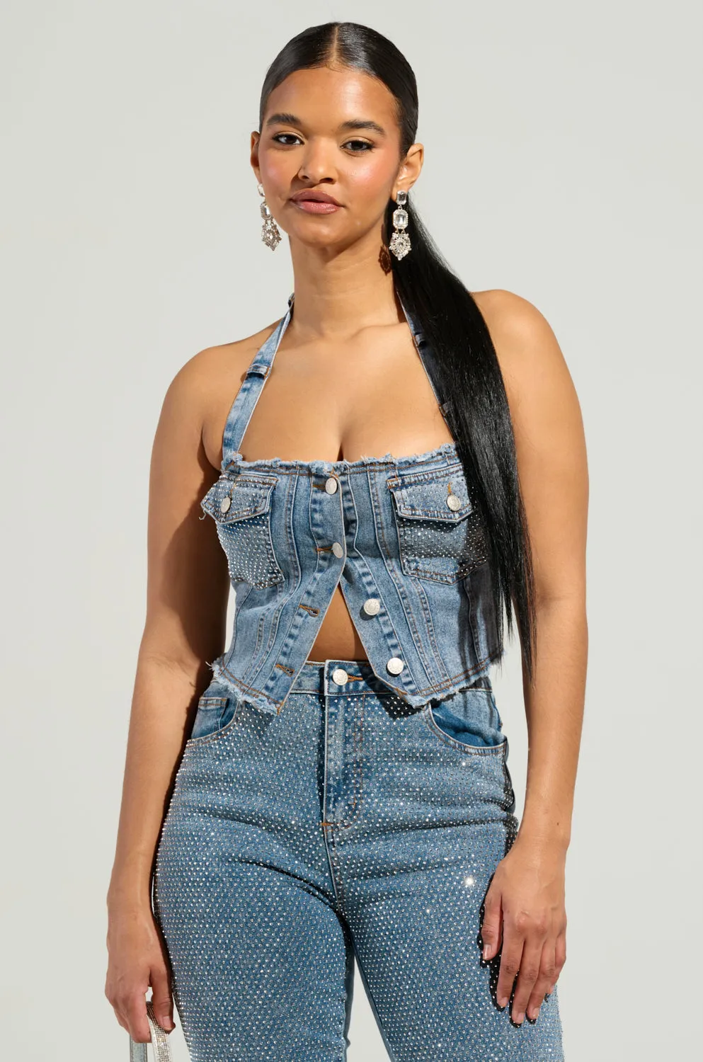 JOLIE RHINESTONE EMBELLISHED DENIM CORSET Stay Cool Flexible Hemline