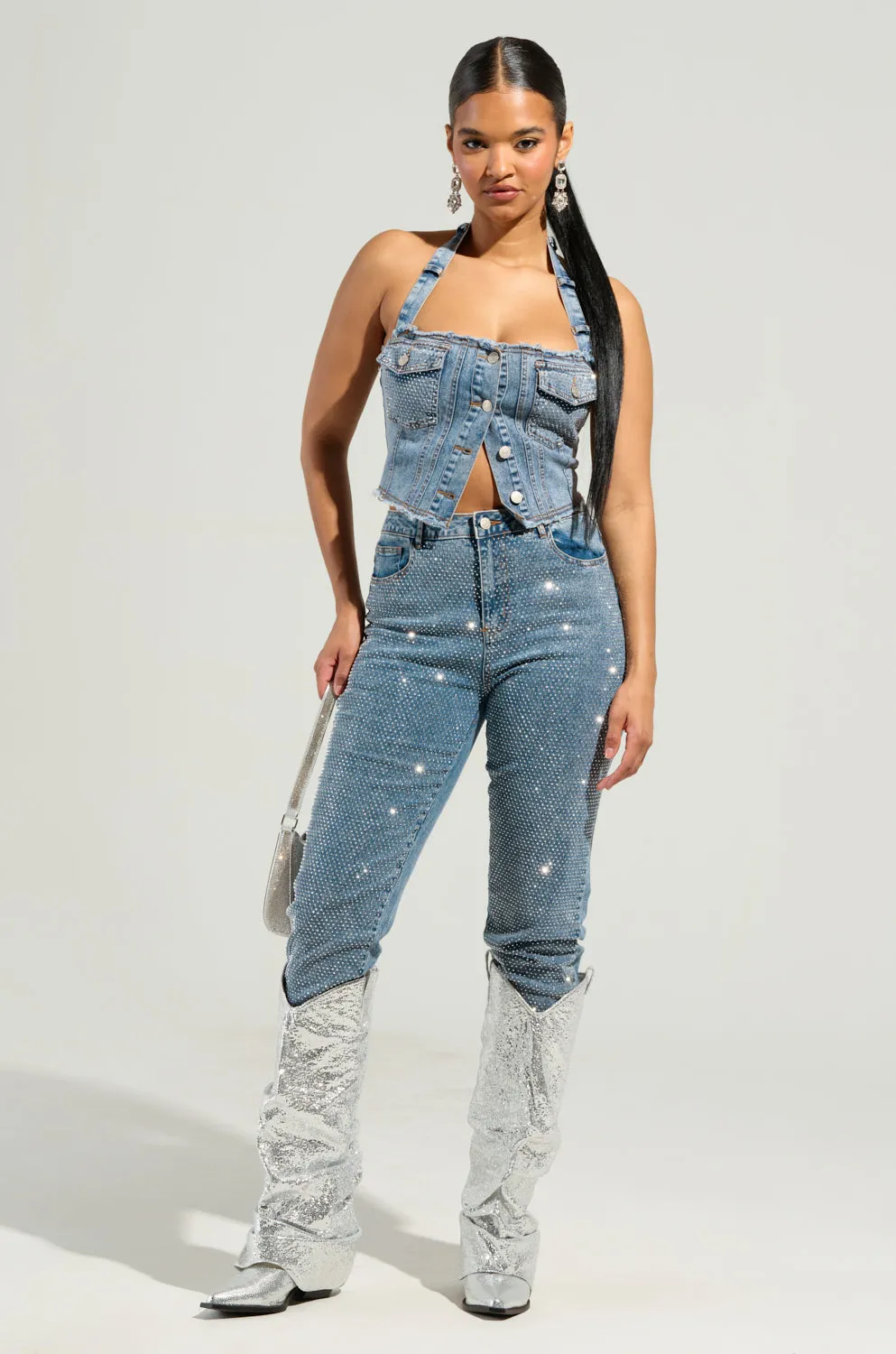 JOLIE RHINESTONE EMBELLISHED DENIM CORSET Flexibility - provided