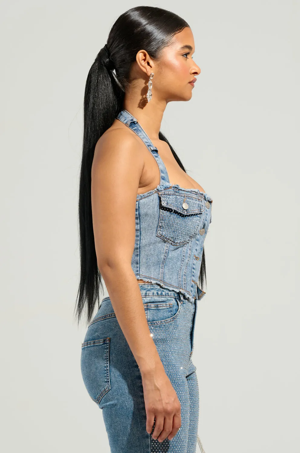 JOLIE RHINESTONE EMBELLISHED DENIM CORSET Space - exploration - supportive Sweat Proof Barrier