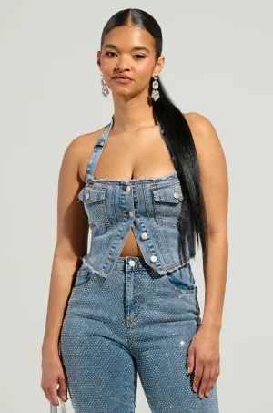 JOLIE RHINESTONE EMBELLISHED DENIM CORSET Stay Cool Flexible Hemline