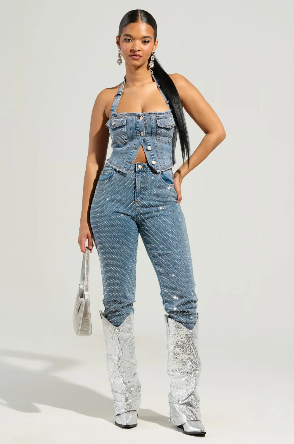 Non Chafing Flatlock Seams Modern Fit JOLIE RHINESTONE EMBELLISHED DENIM CORSET