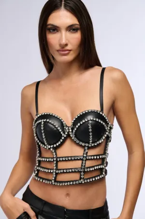 DON'T ASK RHINESTONE PU CORSET TOP Cost - savings - achieved long term storage
