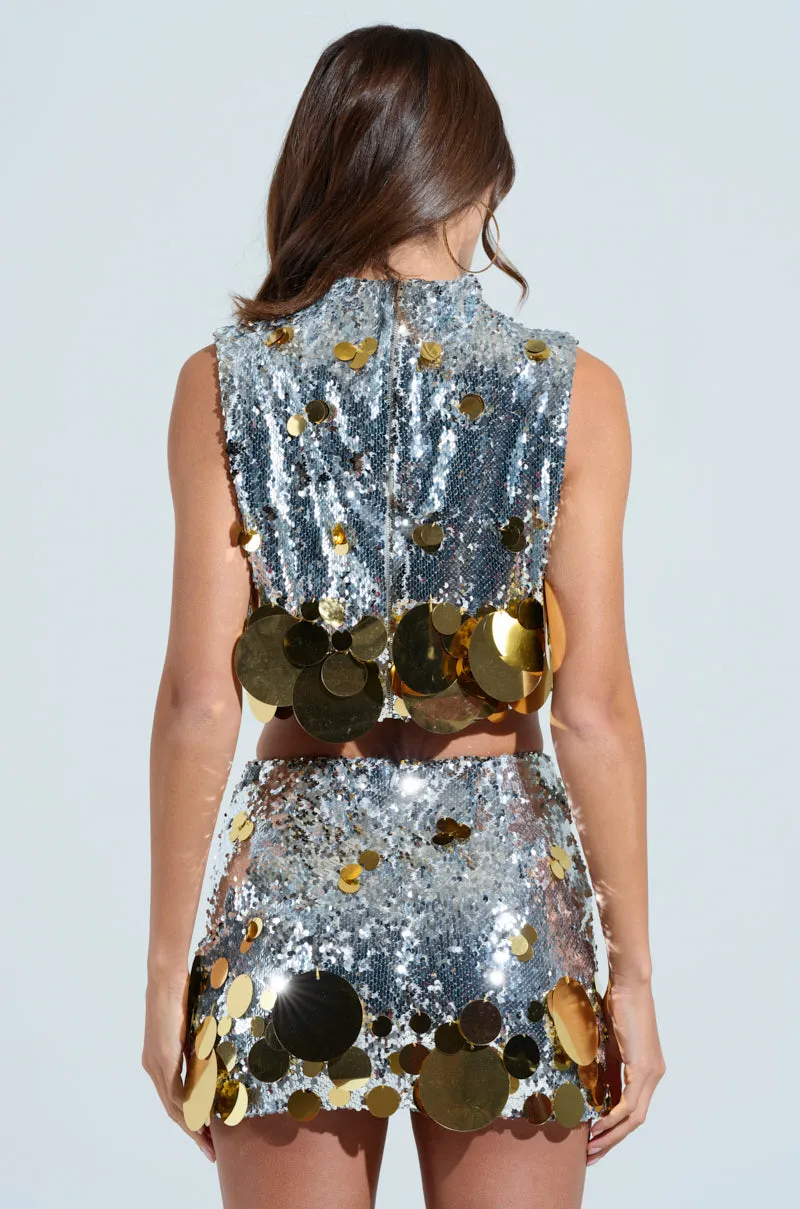 Illuminated GROOVY NIGHTS SLEEVELESS SEQUIN MOCK NECK TOP
