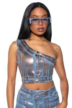 DIVINE TIMING CROPPED METALLIC DENIM TOP Easy to disassemble easy to transport