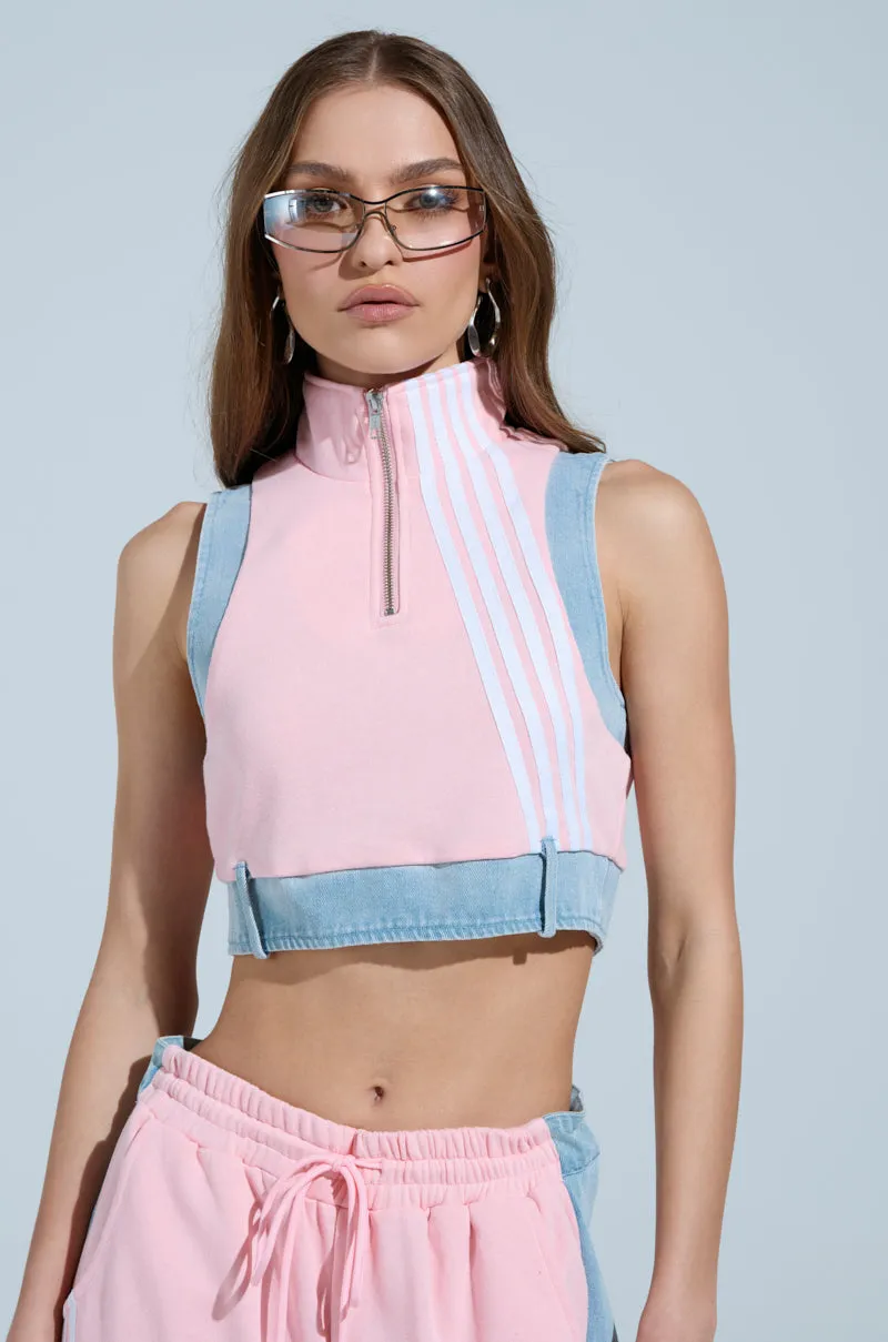 Outdoor Cool middle aged users HEADS UP QUARTER ZIP SLEEVELESS SWEATSHIRT IN PINK