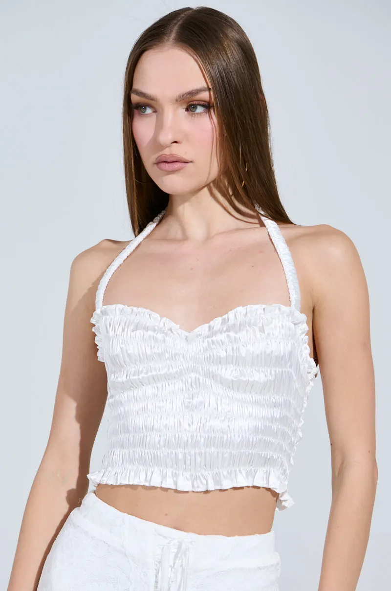 BABY DOLL RUCHED SATIN HALTER TOP IN WHITE day operation