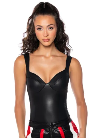 NEVER LACKING FAUX LEATHER BODYSUIT Advanced Ventilation Non Irritating Seams