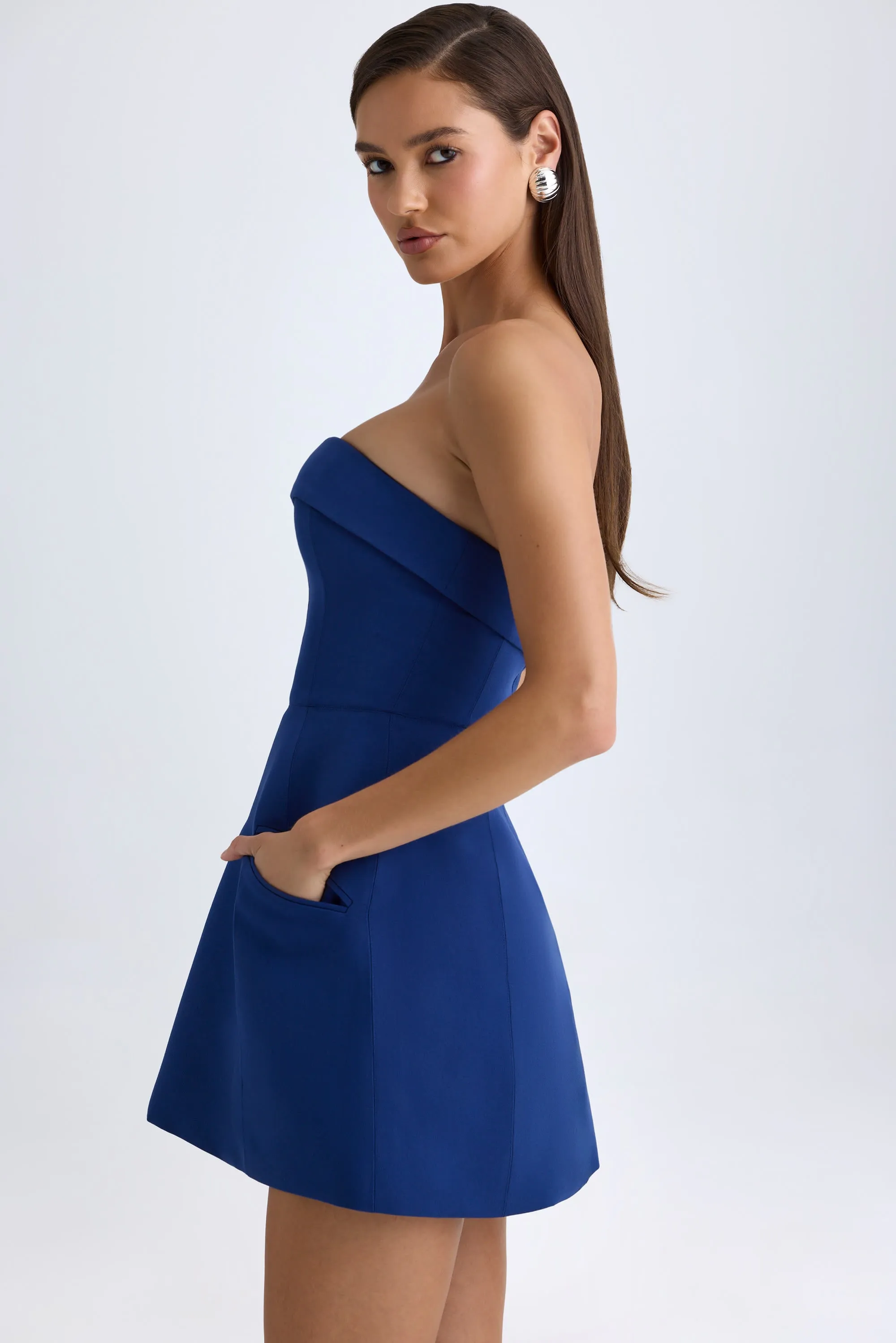 Flash Mode Foldover-Neck Structured Tulip Mini Dress in True Navy