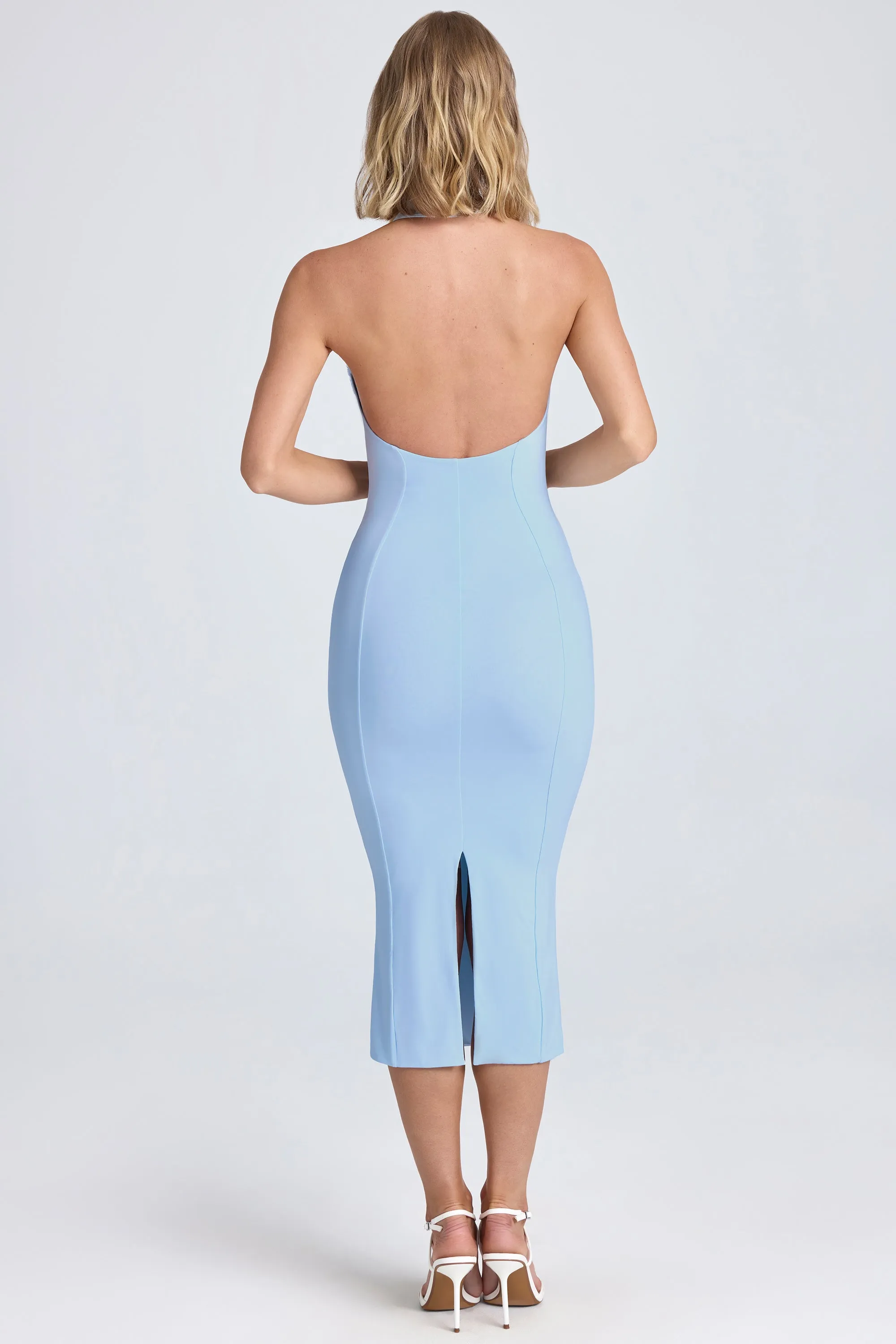 Italian Flair Halterneck Ruffle-Appliqu?? Midaxi Dress in Powder Blue