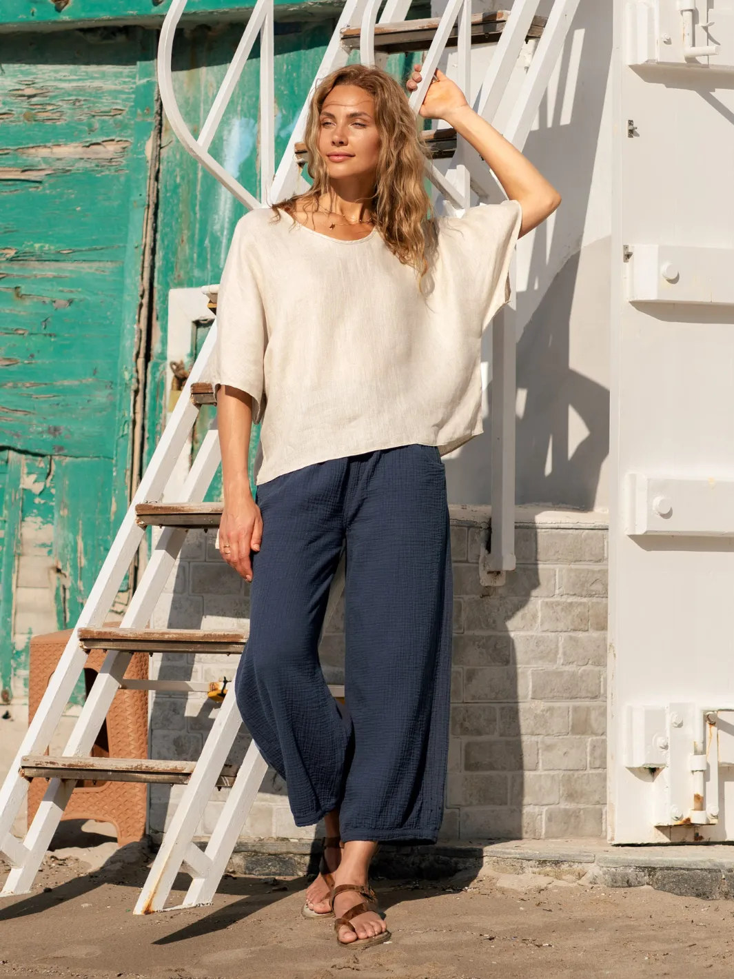 Selene Linen Top Stone All-Season Wear informal gathering