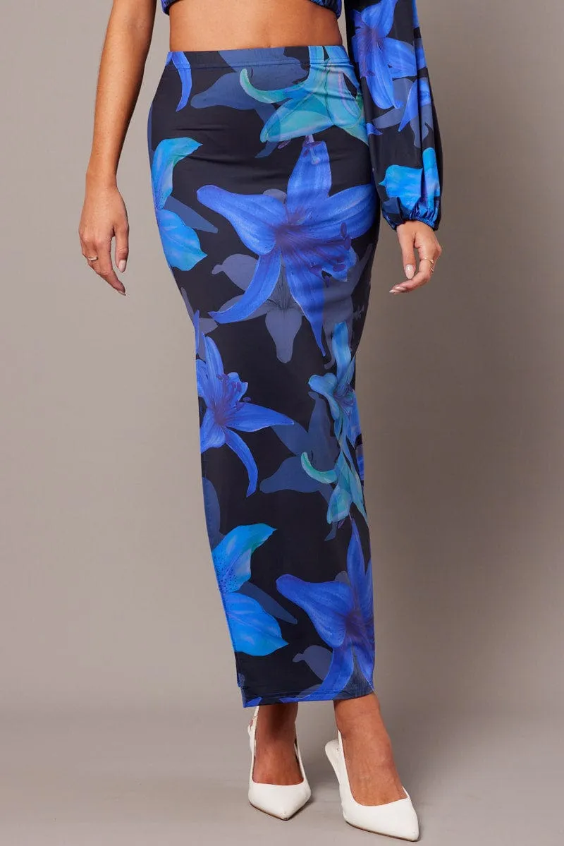 Blue Floral Maxi Skirt Tube Side Split Skirt Smooth Feel