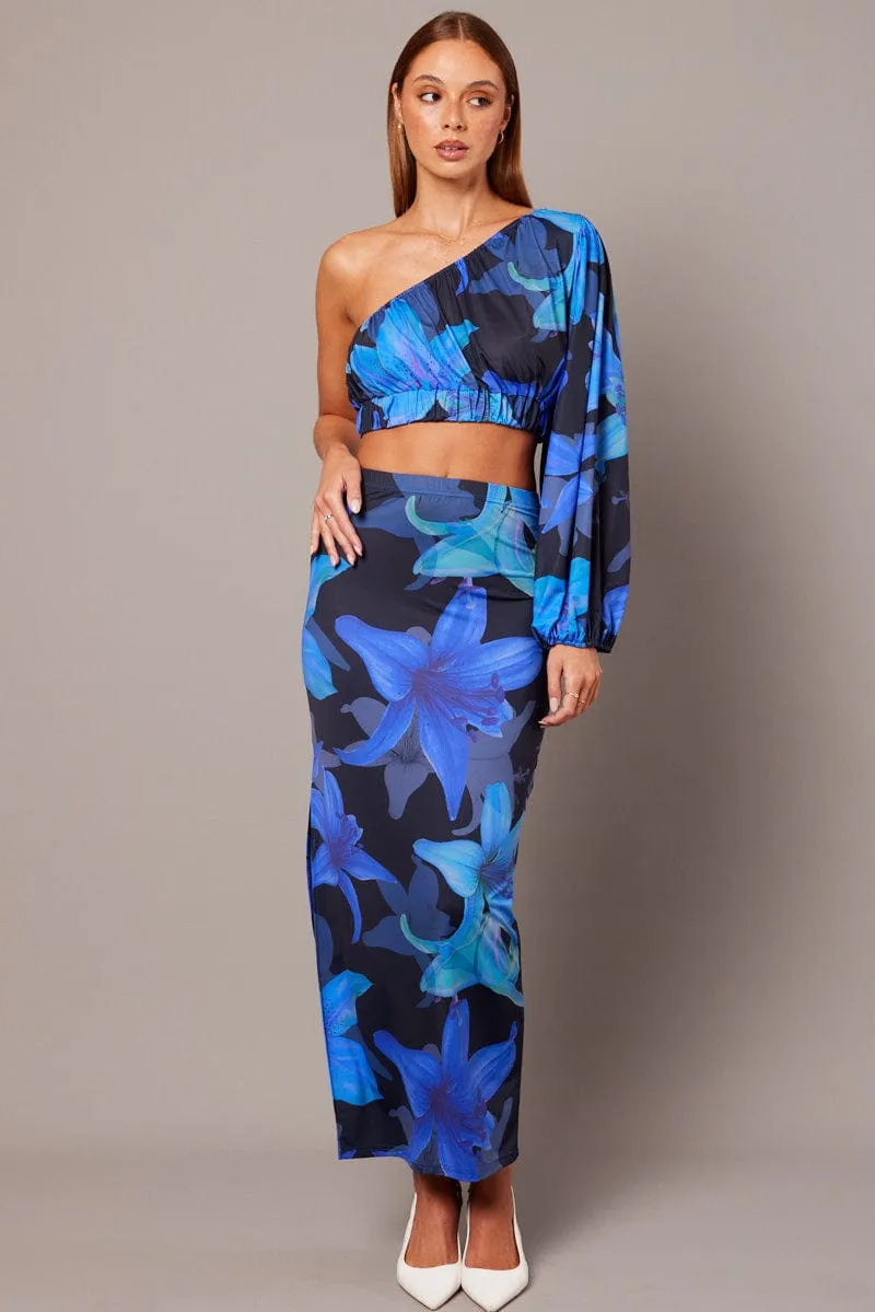Blue Floral Maxi Skirt Tube Side Split Skirt Geometric Print Friction Free