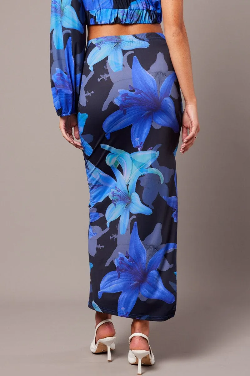 Blue Floral Maxi Skirt Tube Side Split Skirt button detail Neat Mood