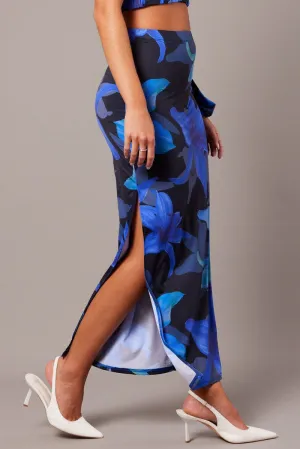Smooth Feel Chill Look Blue Floral Maxi Skirt Tube Side Split Skirt