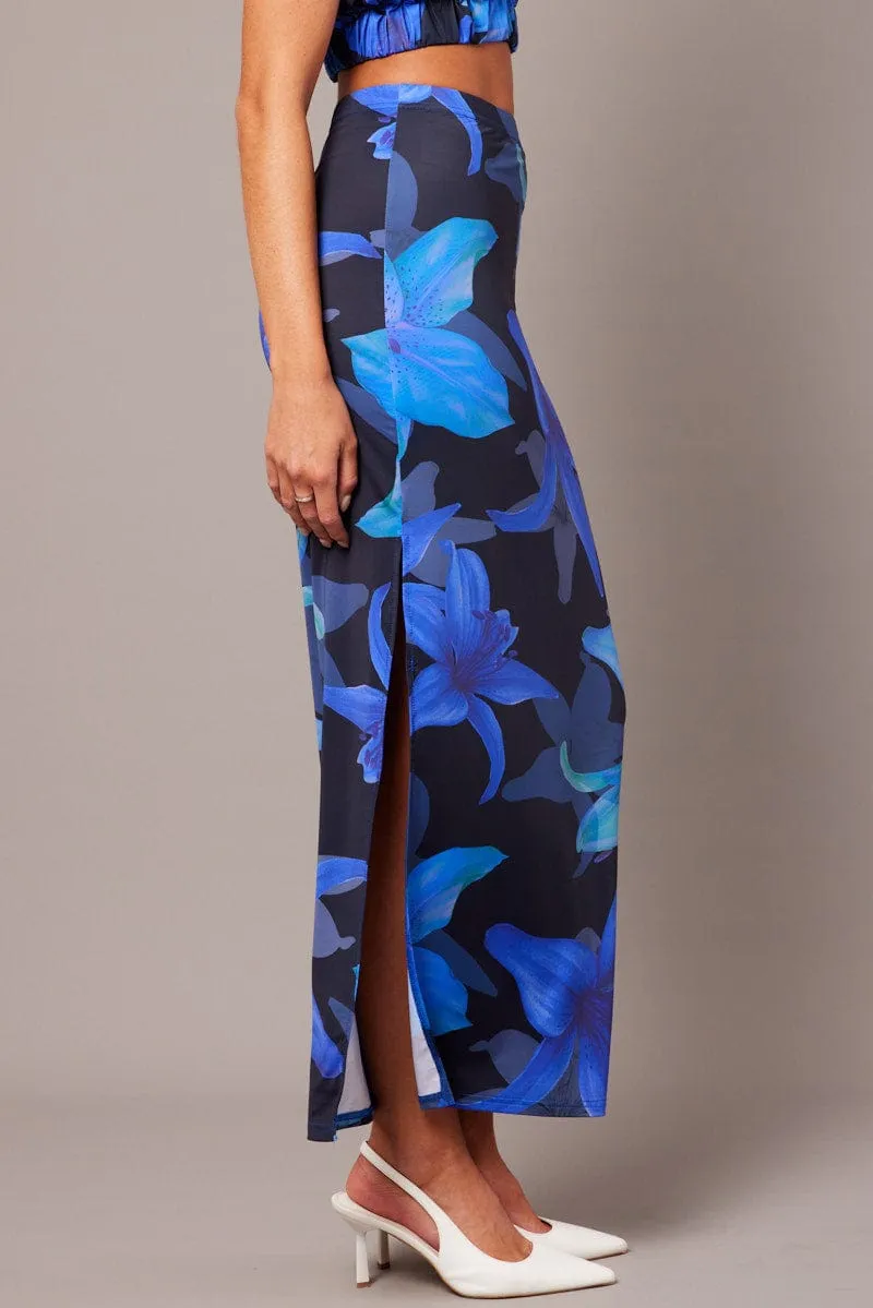 Neutral Wear Minimalist Trim Blue Floral Maxi Skirt Tube Side Split Skirt