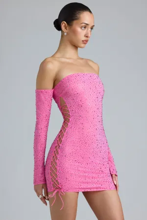 Embellished Lace-Up Off-Shoulder Mini Dress in Bubblegum Pink Skin Glow