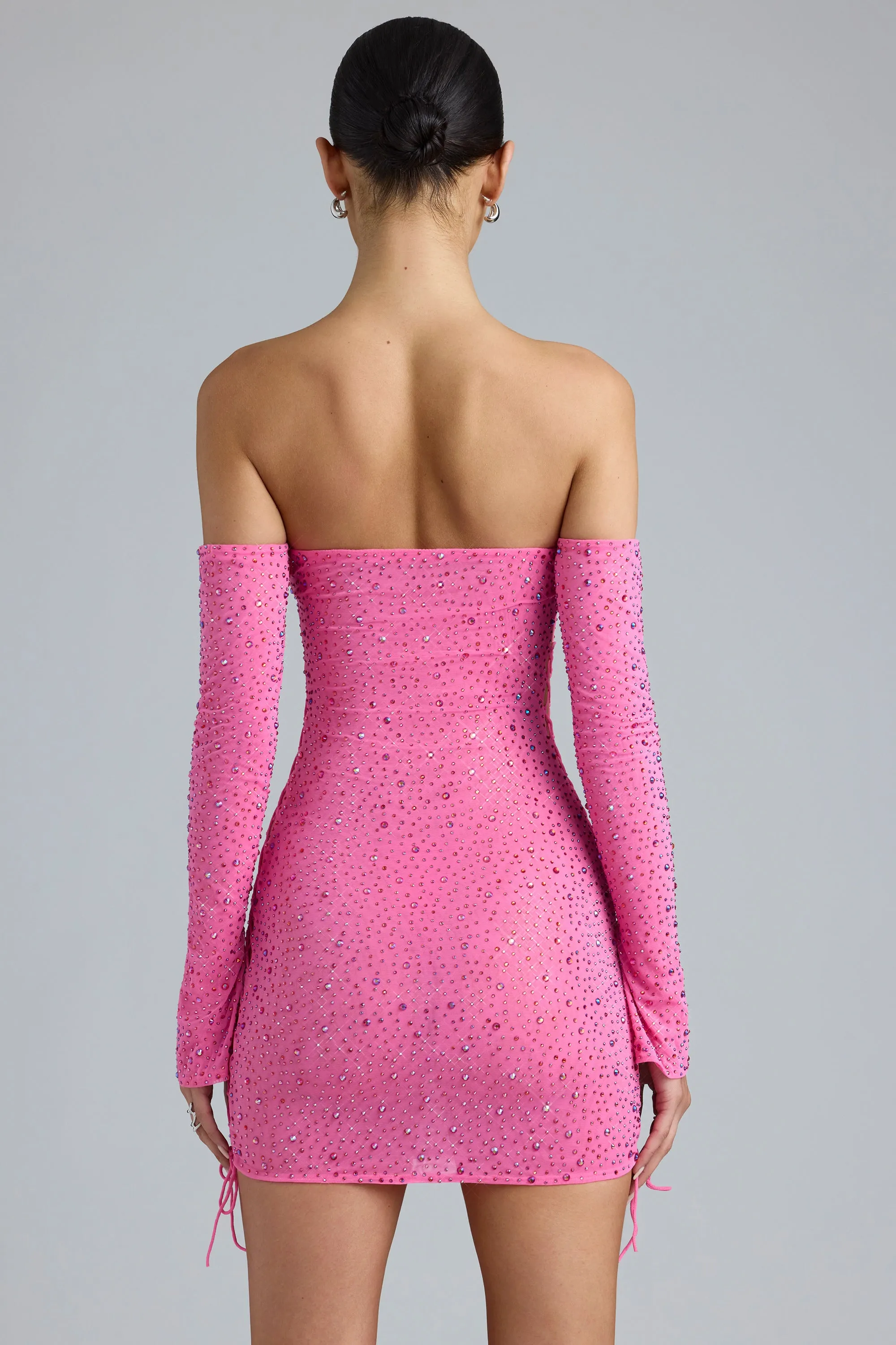 Embellished Lace-Up Off-Shoulder Mini Dress in Bubblegum Pink Fun Twist