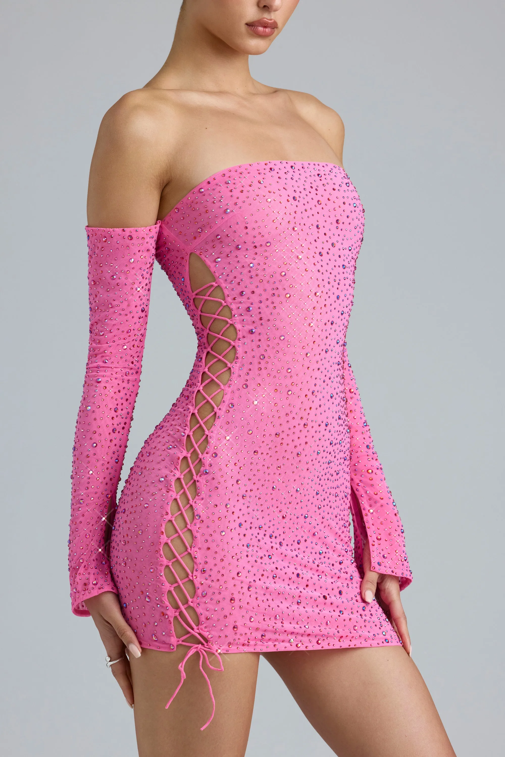 Pop Mode Embellished Lace-Up Off-Shoulder Mini Dress in Bubblegum Pink