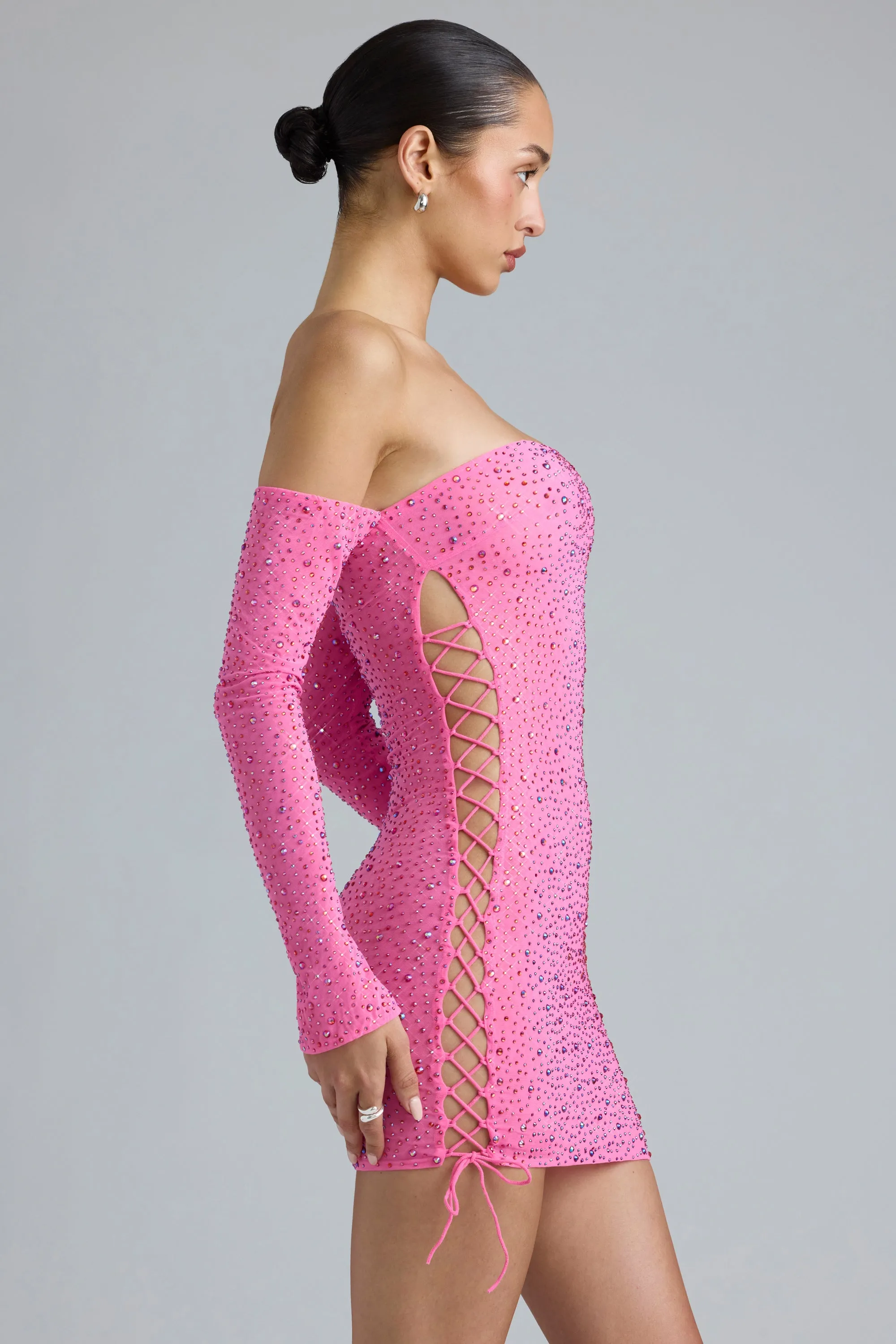 Embellished Lace-Up Off-Shoulder Mini Dress in Bubblegum Pink Light Fresh Fun Warm