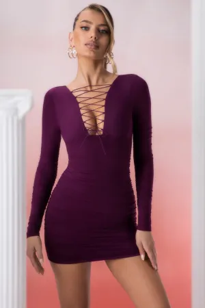 Club Glow Lace Up Long Sleeve Mini Dress in Wine