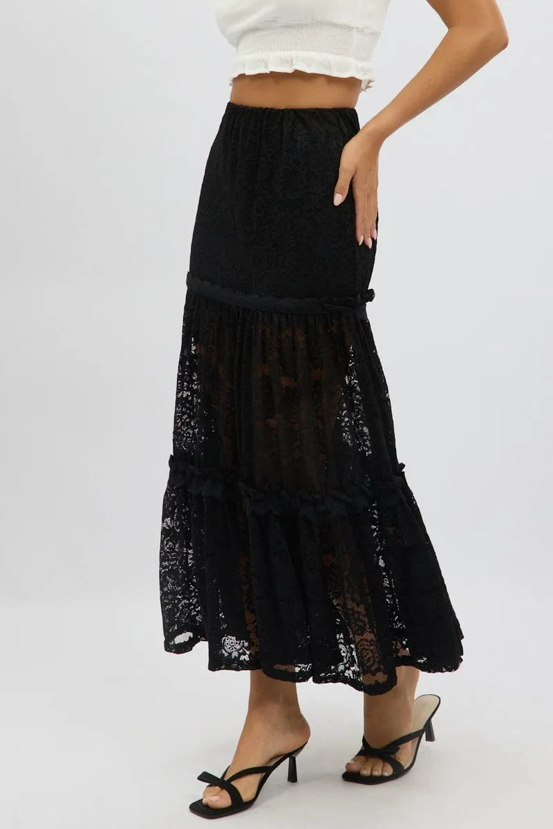 Black Lace Maxi Skirt Elastic Waist Tiered Lined Double Layer Construction