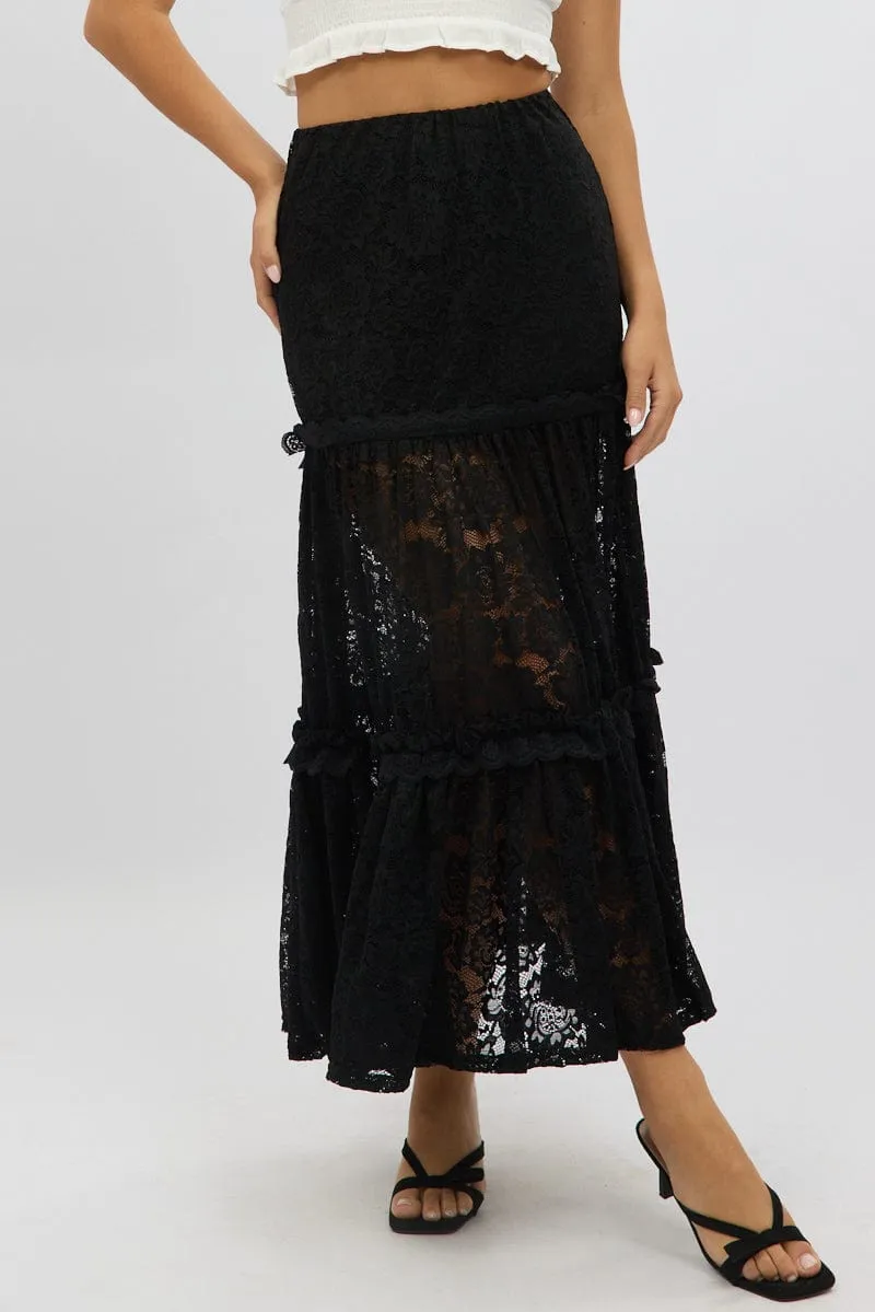 Black Lace Maxi Skirt Elastic Waist Tiered Lined Gathered waist