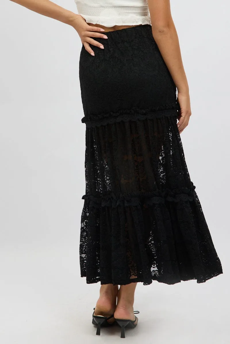 Red Carpet Look Reinforced Hems Black Lace Maxi Skirt Elastic Waist Tiered Lined