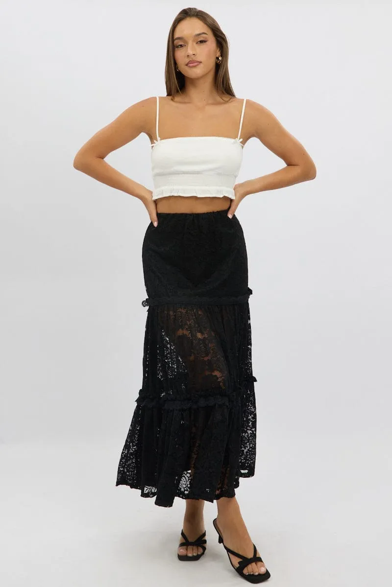 Black Lace Maxi Skirt Elastic Waist Tiered Lined Structured silhouette Daily Favorite