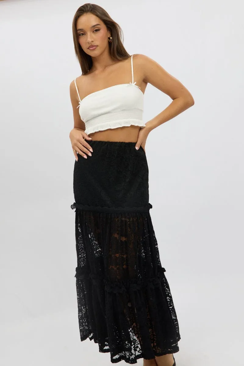 Black Lace Maxi Skirt Elastic Waist Tiered Lined Photoshoot Ready Opaque Lining