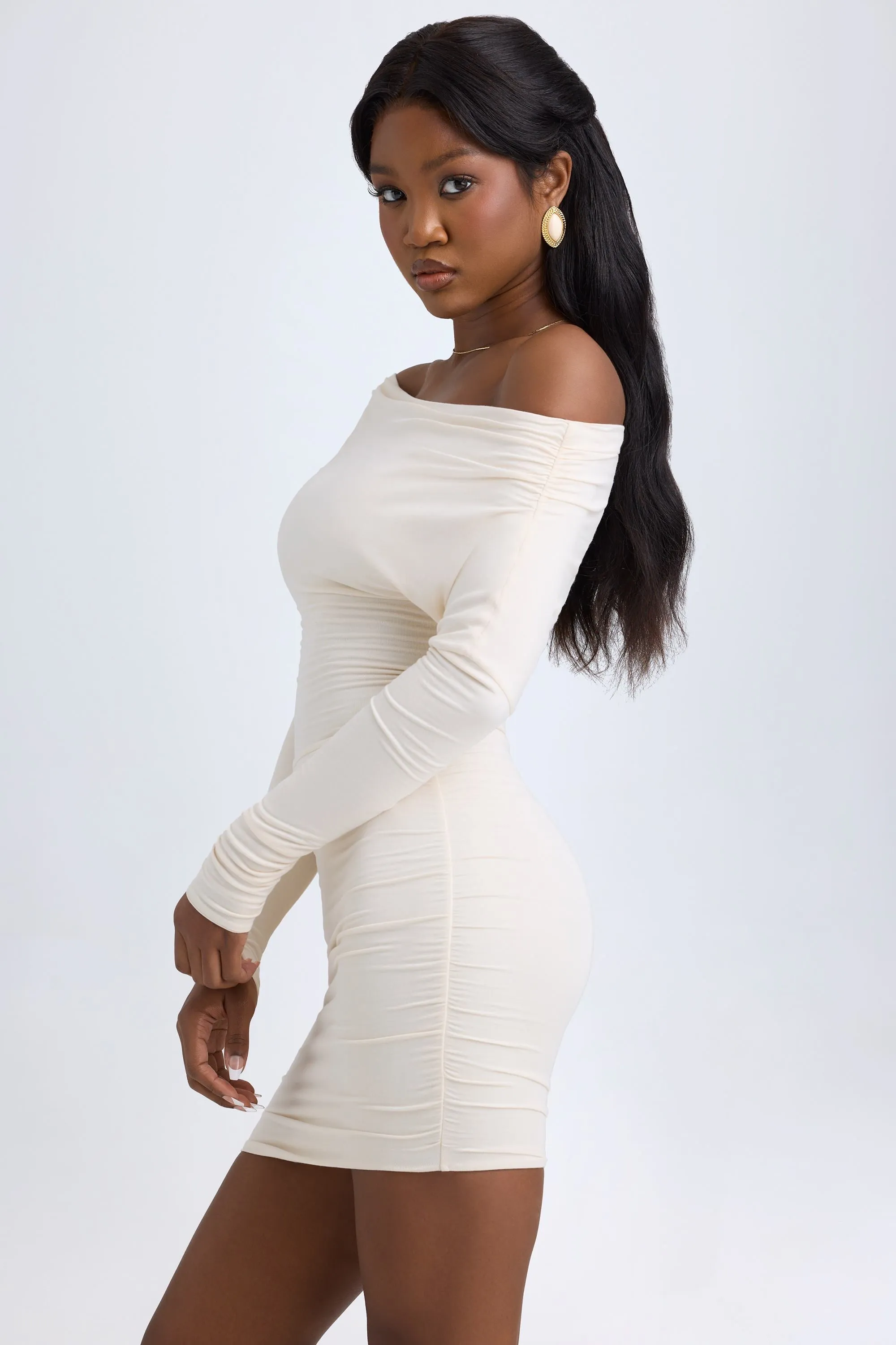 Comfort Look Confident Wear Modal Off-Shoulder Ruched Mini Dress in Ivory
