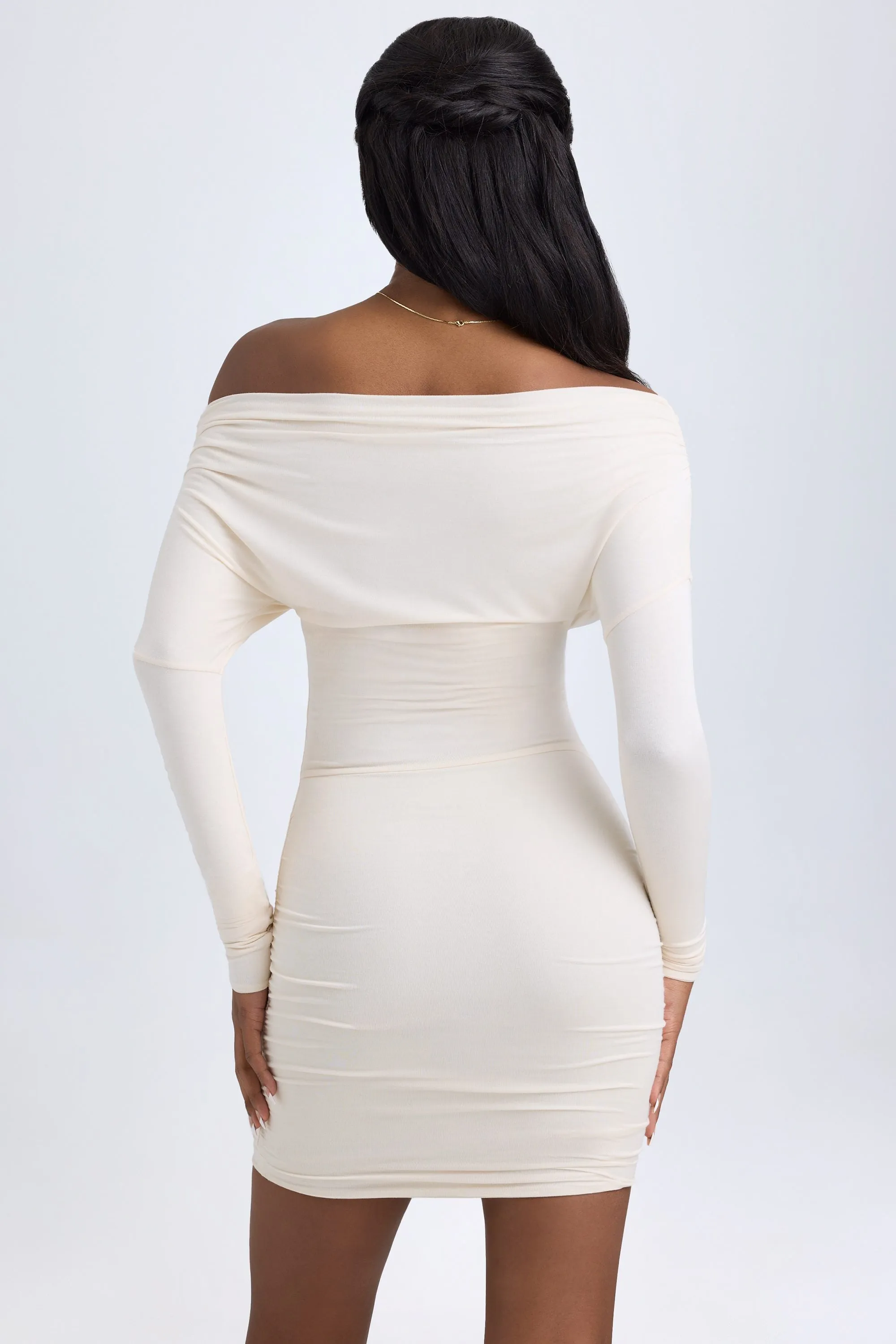 Trendy Wearable Modal Off-Shoulder Ruched Mini Dress in Ivory