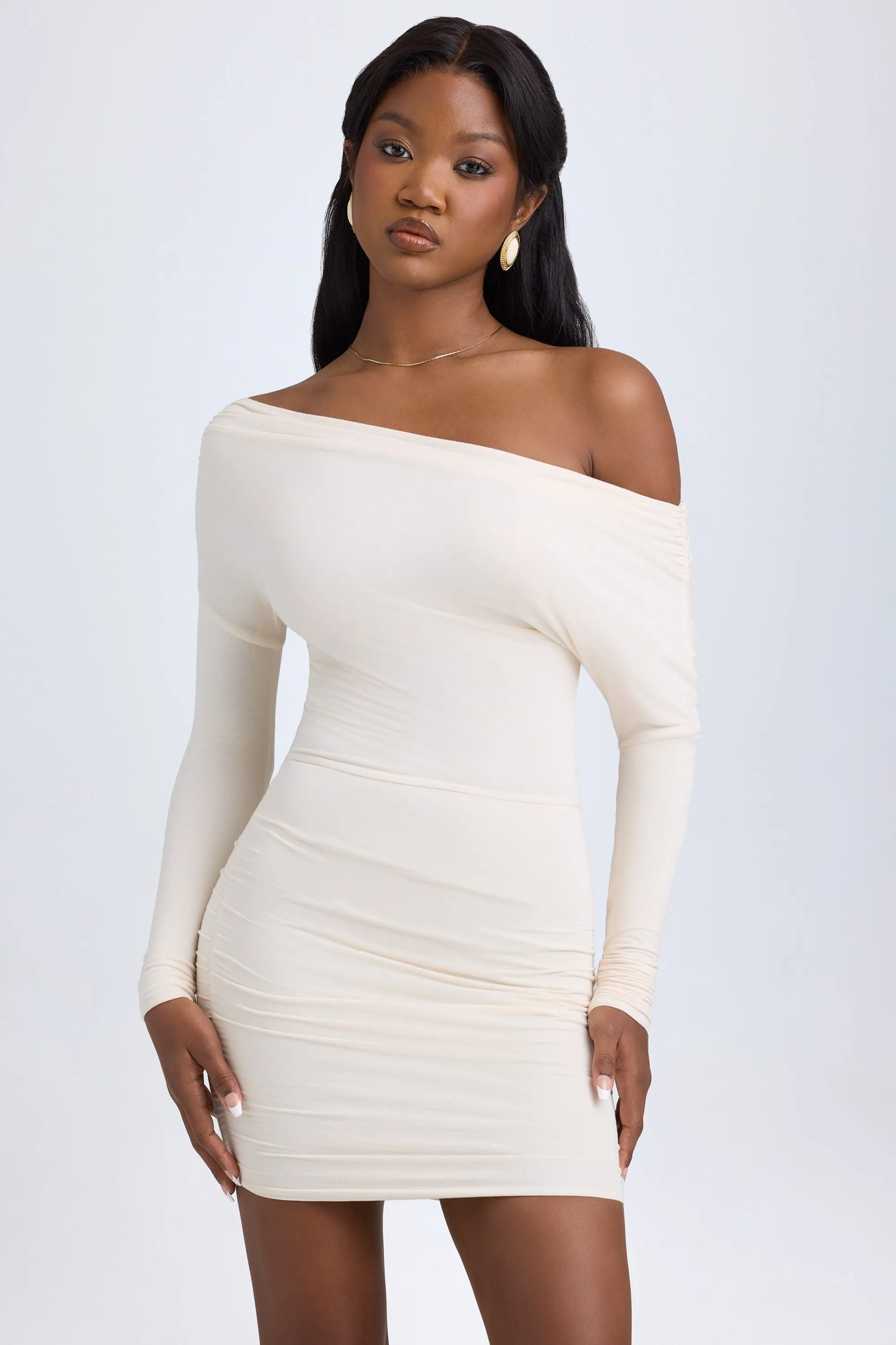 Modal Off-Shoulder Ruched Mini Dress in Ivory Cozy Wear Adjustable Shoulder Straps