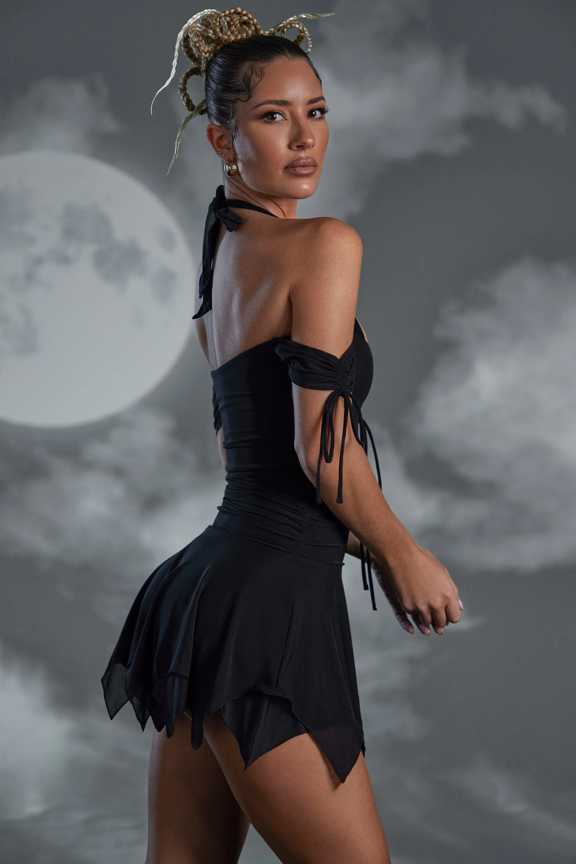 Vibrant Design Seam Free Edges Lace Up Halter Neck Mini Dress in Black