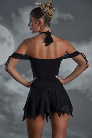 Quick Dry Textile Glow Heat Lace Up Halter Neck Mini Dress in Black