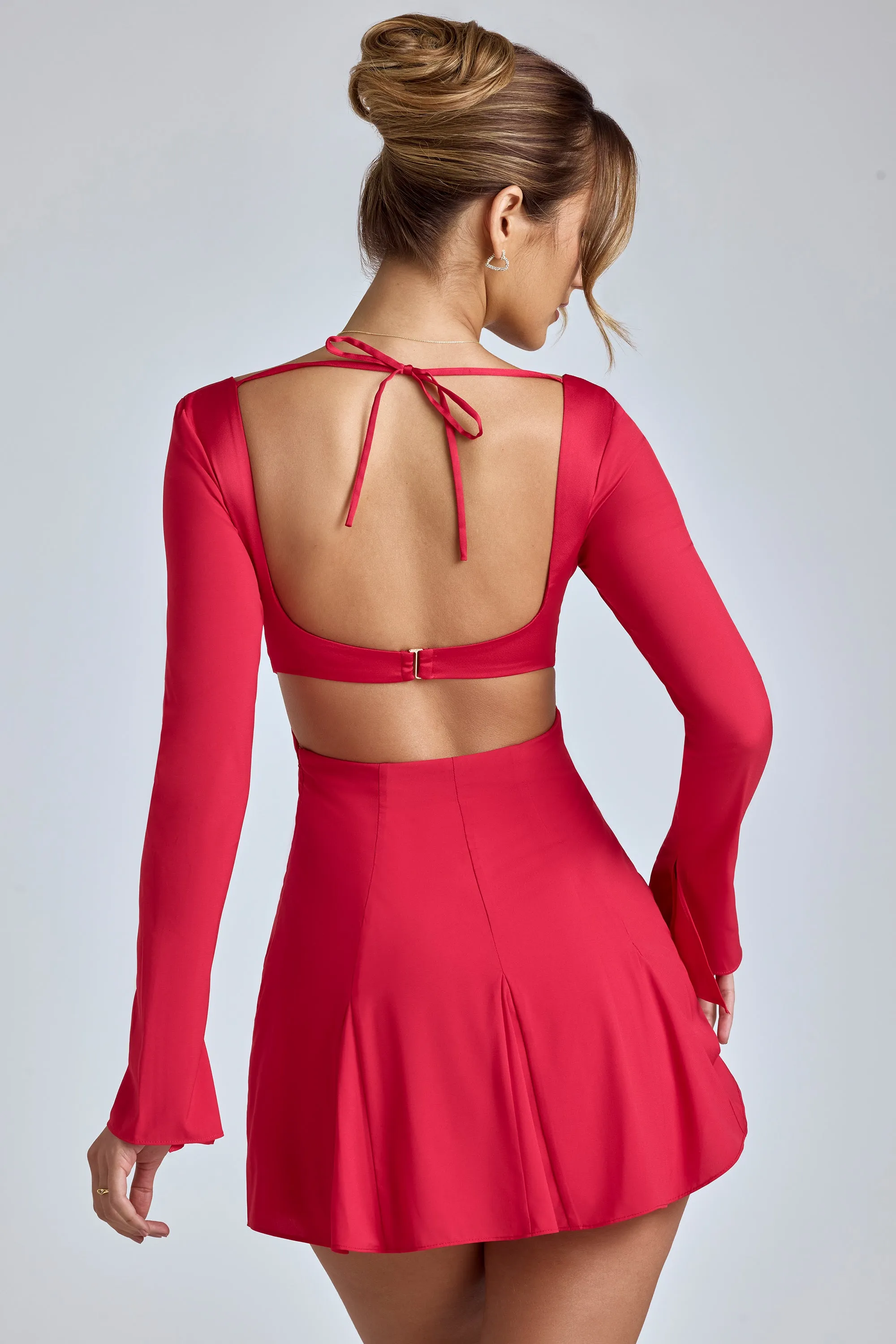 Long Sleeve Godet Mini Dress in Cherry Red Charming Design