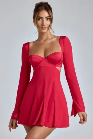Simple chic mini Long Sleeve Godet Mini Dress in Cherry Red
