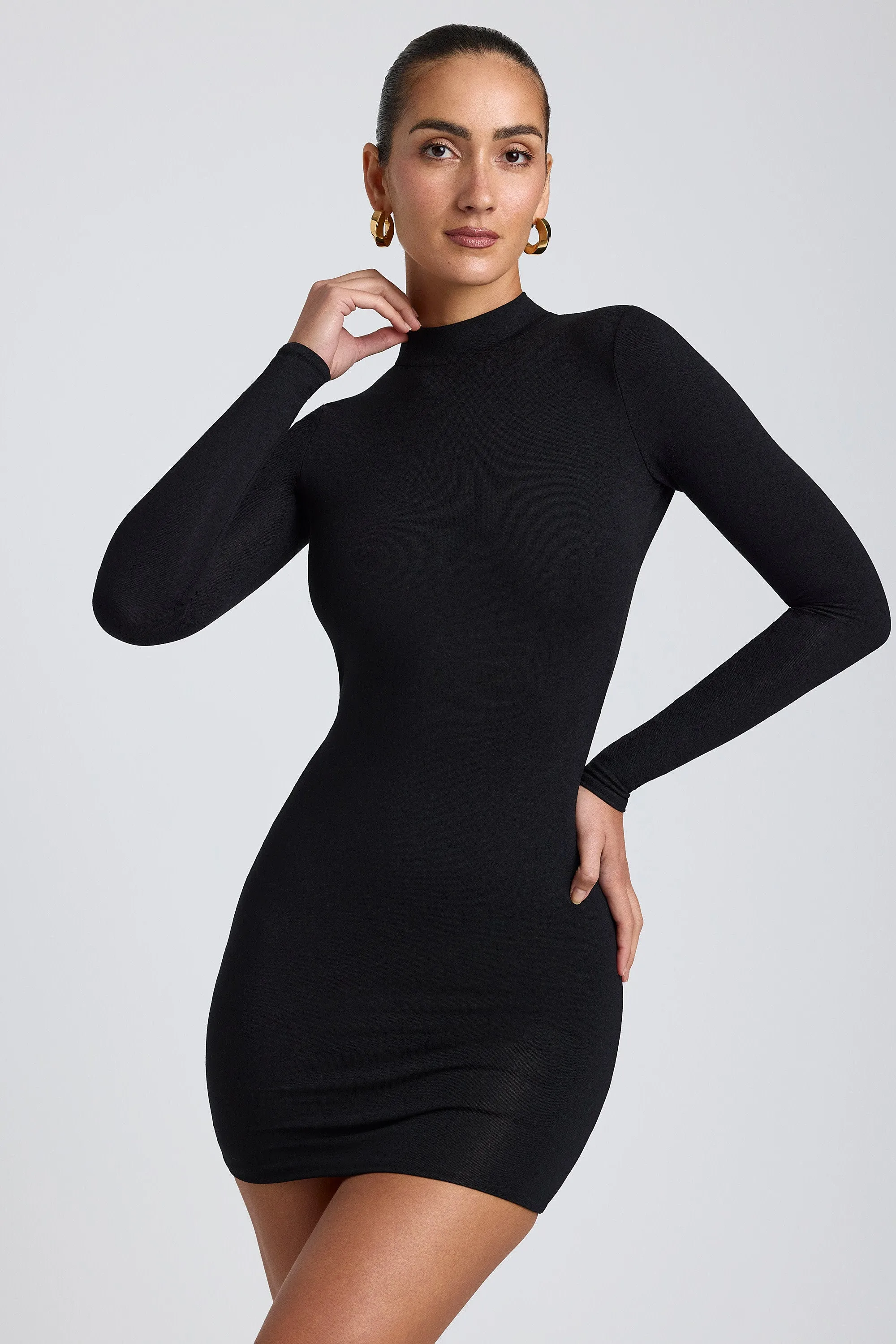 Modal Open-Back Long-Sleeve Mini Dress in Black Edge Hot