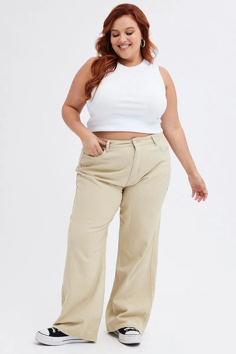 No Fuss Style Beige Wide Leg Denim Jeans High Rise