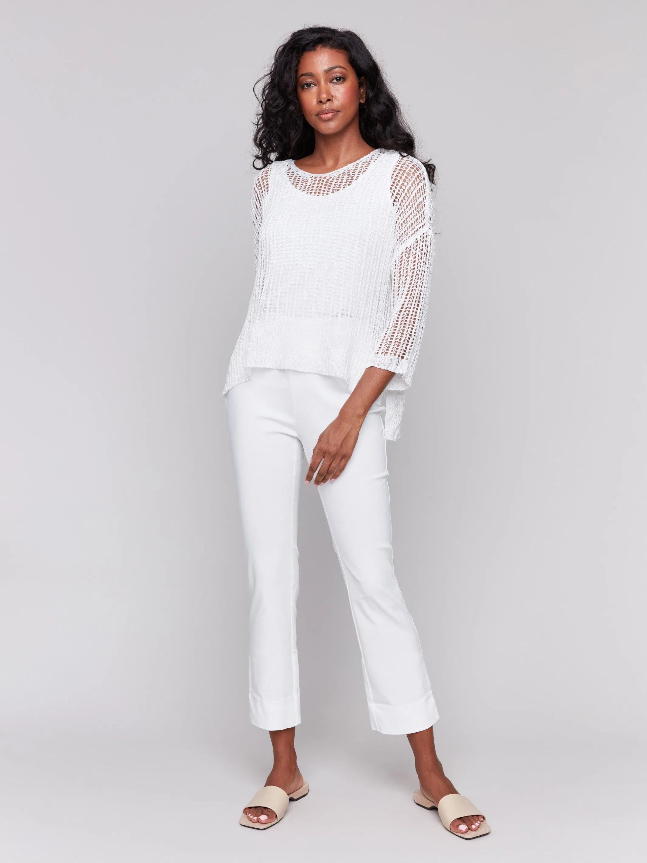Fishnet Crochet Sweater - White Versatile Layer Comfy Knit