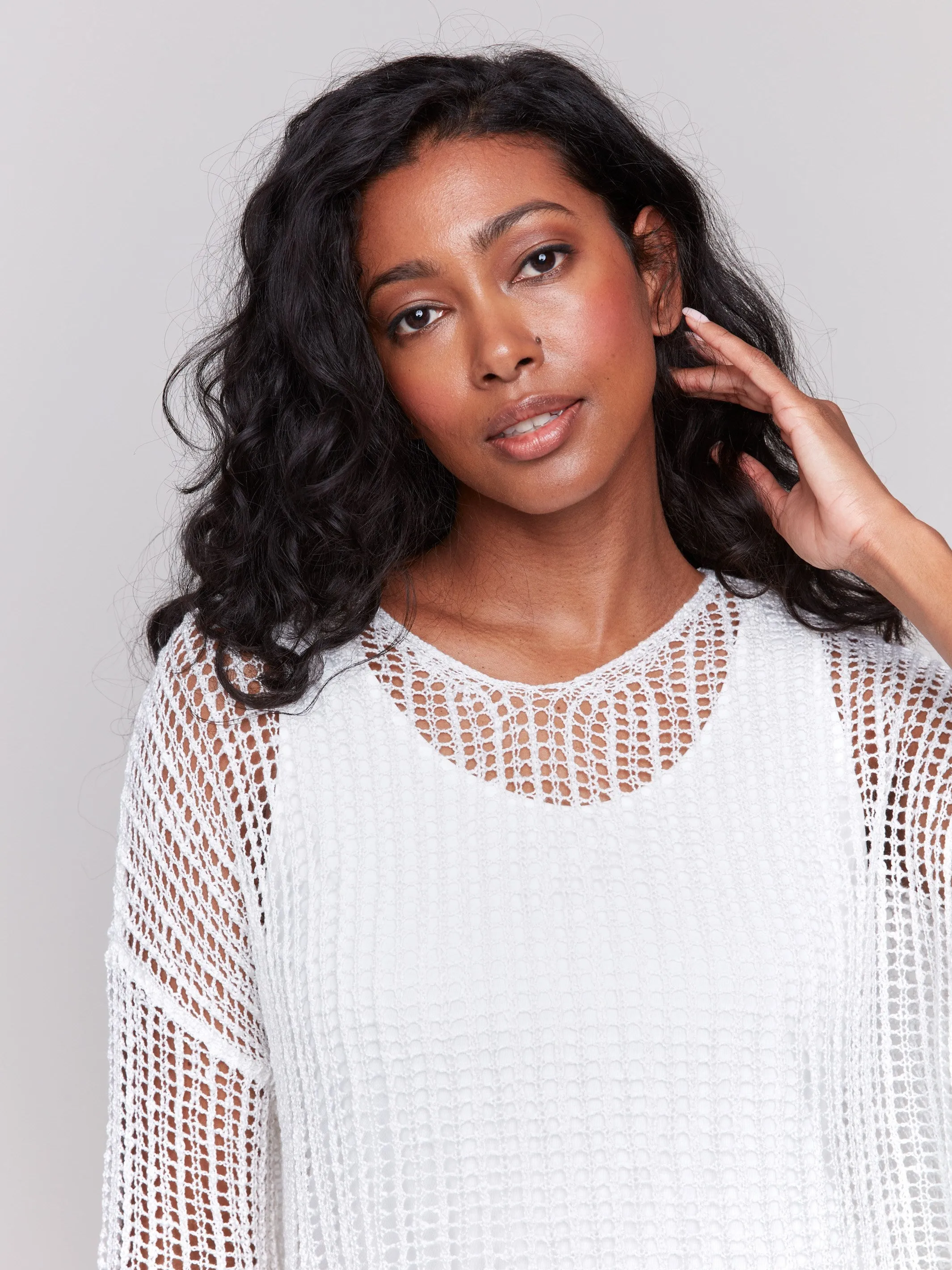 Fishnet Crochet Sweater - White Side Slit Design