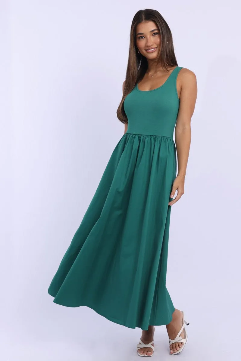 Green Midi Dress Ribbed Bodice Chic Layers