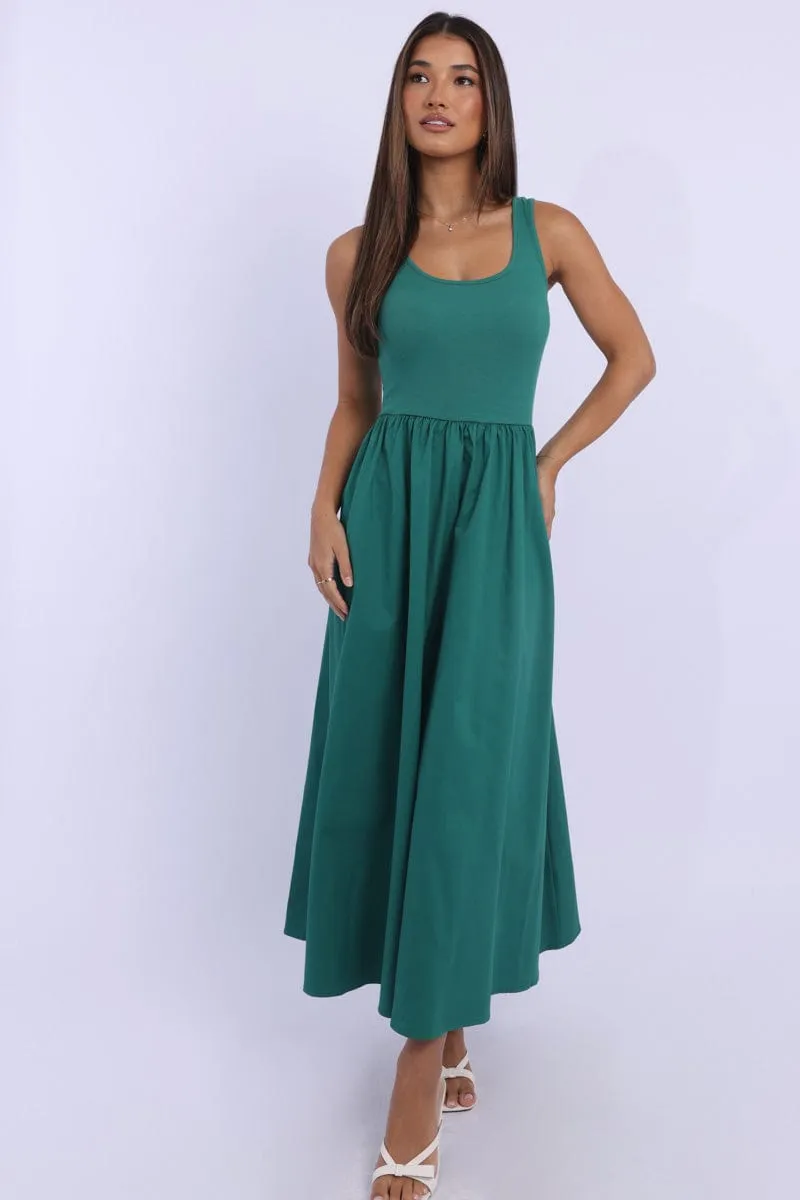 Green Midi Dress Ribbed Bodice Easy Match Sophisticated Wardrobe