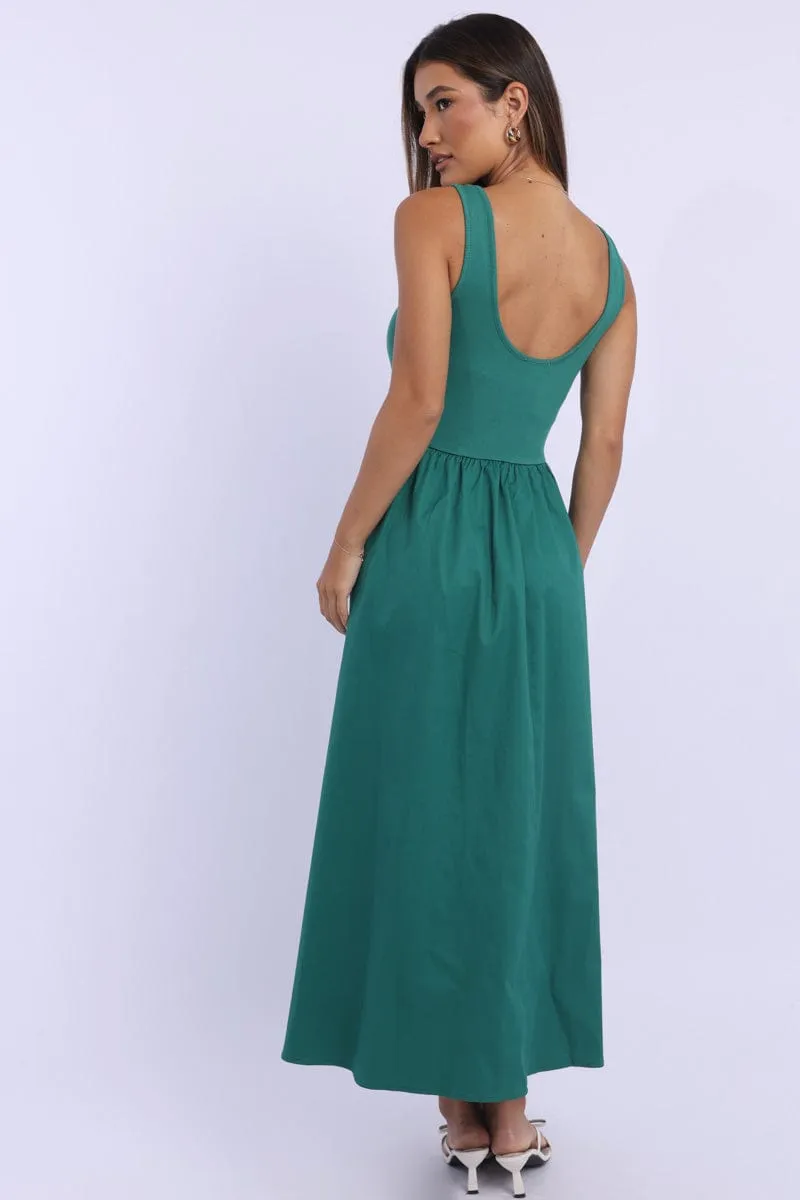 Green Midi Dress Ribbed Bodice Pearl Soft