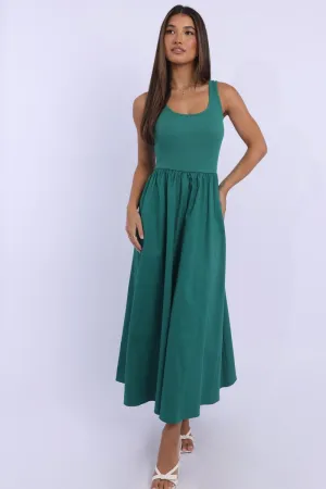 Green Midi Dress Ribbed Bodice Easy Match Sophisticated Wardrobe