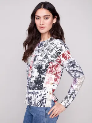 Printed Sweater With Side Buttons - Frame Perfect Layer Cozy And Stylish
