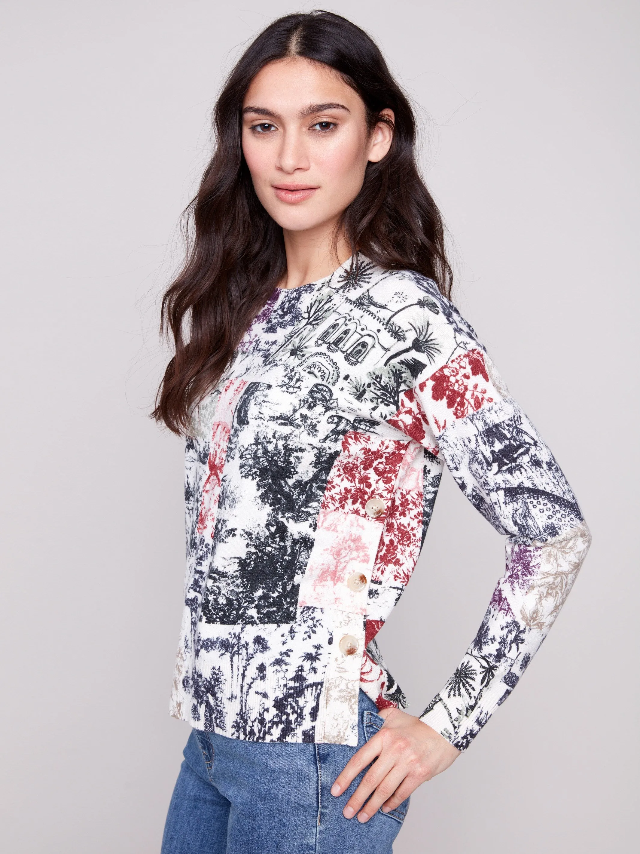 Printed Sweater With Side Buttons - Frame Casual Knit Style
