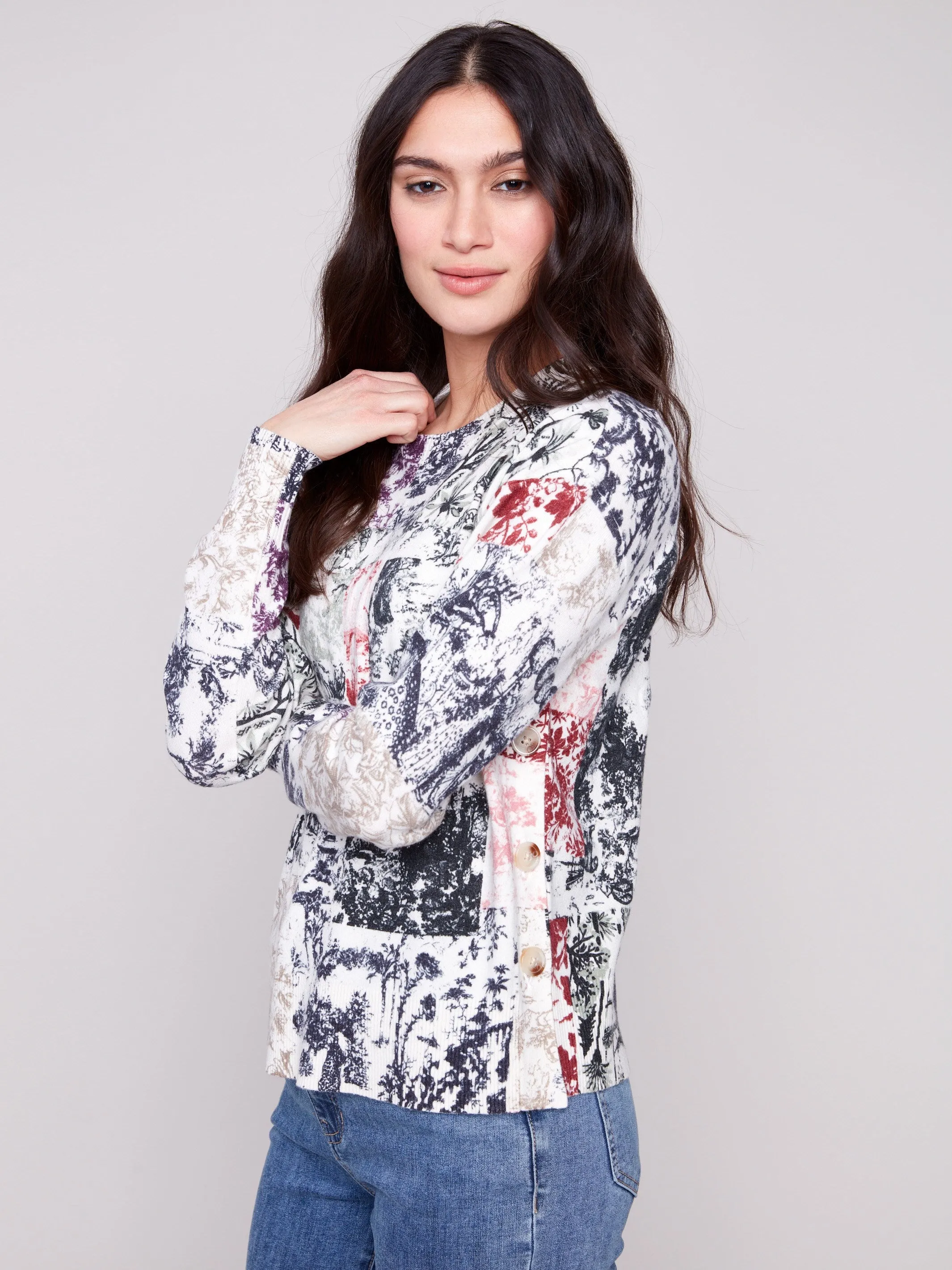 Fashionable Wear Printed Sweater With Side Buttons - Frame