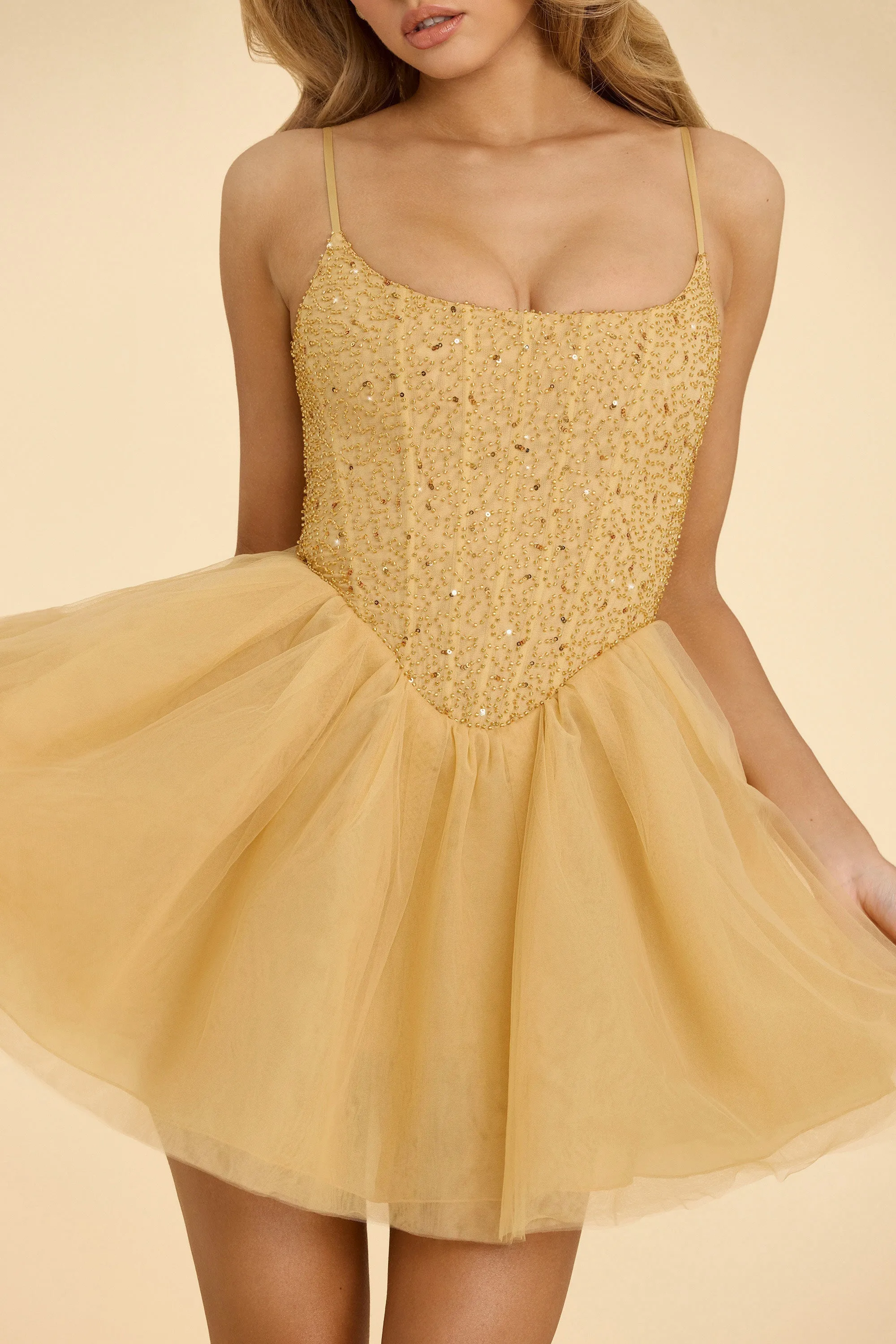 Light Glow Embellished Corset Tulle Skirt Mini Dress in Gold