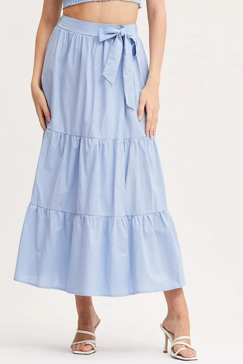 Blue Maxi Skirt High Rise Tiered Fold Over Detail Dust Proof Fabric